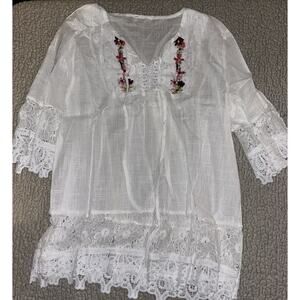 Ladies Casual Half Sleeve Tops T Shirts Women Loose V Neck Lace Shirts Blouse